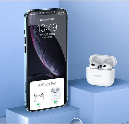 Smartphone displaying AirPods Pro on screen with wireless earbuds in a white case.