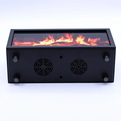 Black rectangular fire pit with flames on a white background