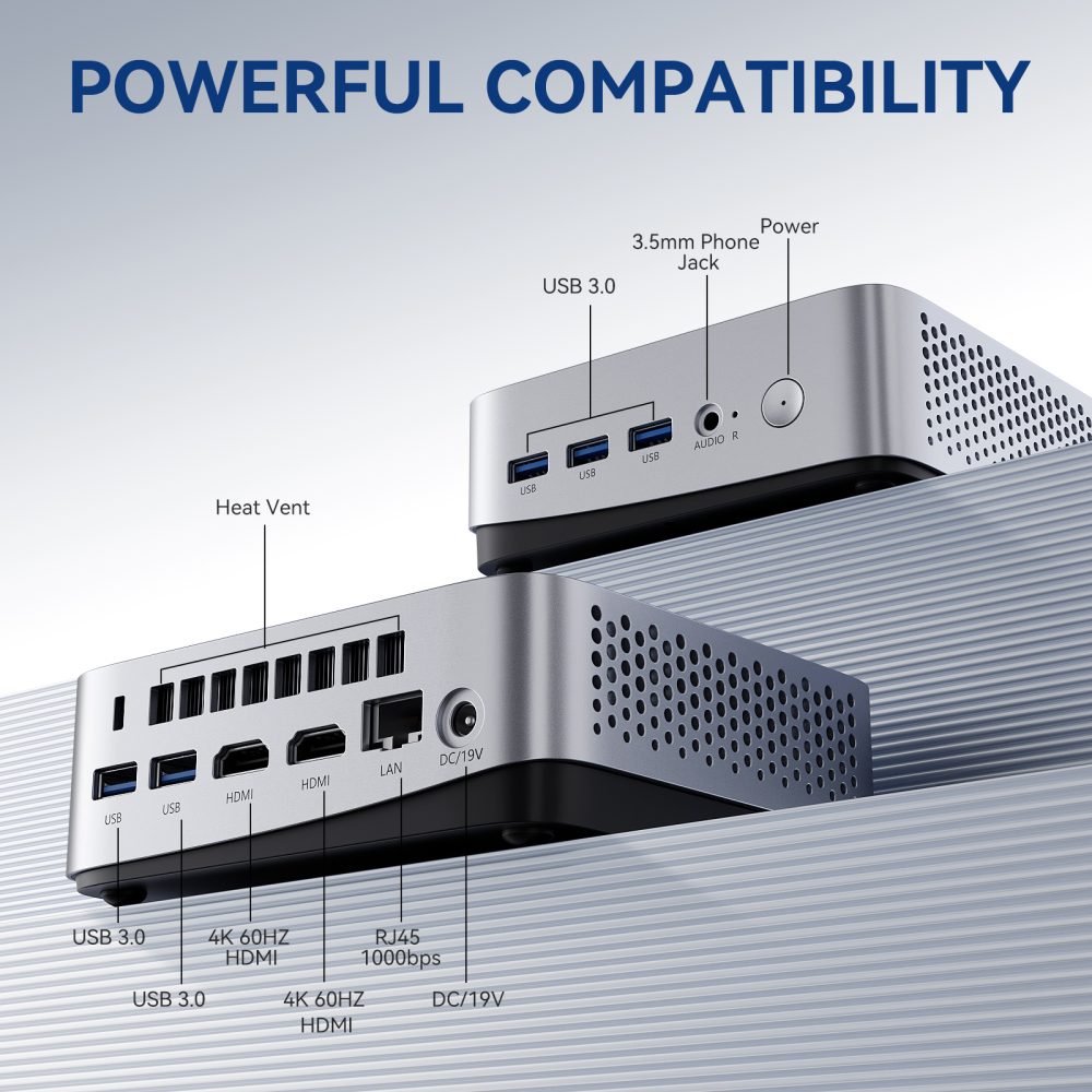 Computer hardware with labeled ports and features on a light gray background