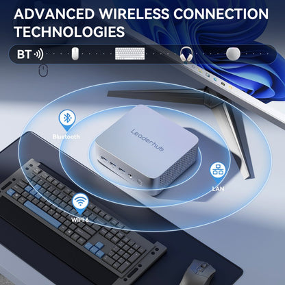 Leaderhub device with wireless connection technologies on a desk setup