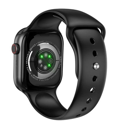 Black smartwatch with a detailed back view on a white background