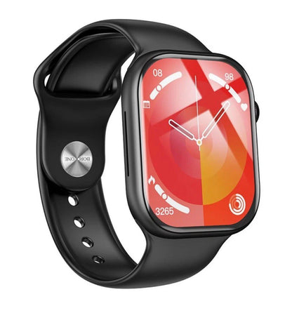 Black smartwatch with a red display on a white background